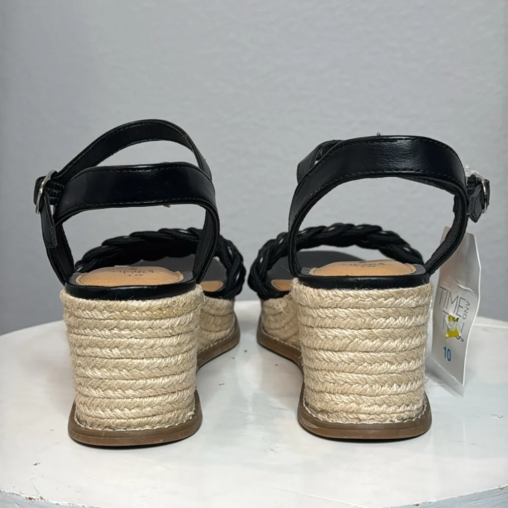 TIME AND TRU WOMENS BLACK BRAIDED ANKLE STRAP ESPADRILLE PLATFORM WEDGES **NWT**
